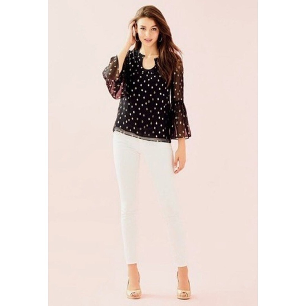 Lilly Pulitzer Amory Top XS Black Silk Metallic Gold Starry Clip Whimsigoth